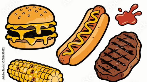A vibrant and playful illustration depicting a cheeseburger with melting cheese and a cob of corn. Perfect for food blogs, restaurant menus, or casual