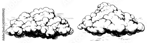 Fluffy clouds in the sky line art collection, vintage cumulus cloud engraving illustrations, nature weather elements