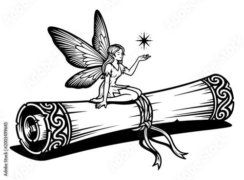 Magical fairy sitting on ancient parchment scroll illustration, fantasy elf with star line art, vintage fairytale engraving