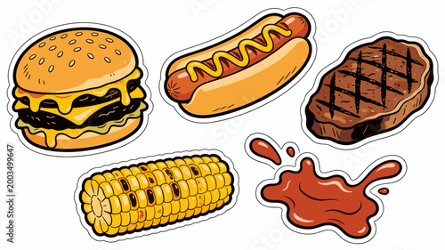 A vibrant illustration featuring a juicy burger with melting cheese and a golden corn cob. Perfect for food blogs, restaurant menus, or advertising fa