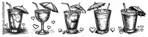 Summer cocktail drink icon set with umbrellas, vintage tropical beverage line art, holiday party drink illustrations