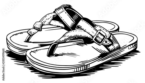 Pair of summer flip flops sandals illustration, beach footwear line art, vintage summer shoes engraving drawing