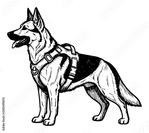 Photos German Shepherd dog with tactical harness line art, service K9 working dog engra