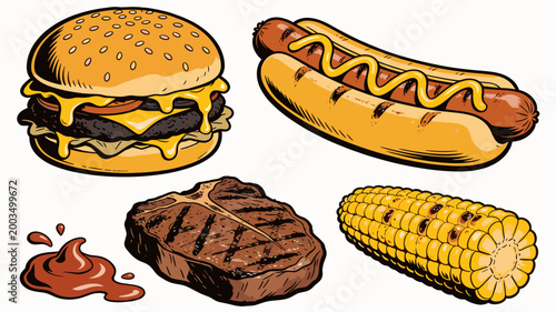 A vibrant, illustrated image of a juicy burger with melting cheese and accompanying fries and ketchup. Perfect for food blogs, restaurant marketing, o