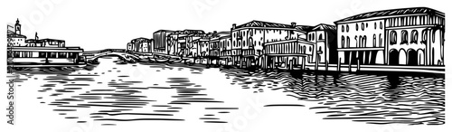Venice Grand Canal panorama line art, vintage Italy city architecture engraving, historic Venetian buildings and bridge illustration