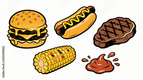 A vibrant illustration of a cheeseburger with dripping cheese and golden fries. Ideal for restaurant menus, food blogs, or promotional material relate