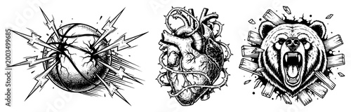 Roaring grizzly bear anatomical heart with thorns and cracked basketball set, hardcore tattoo design line art, aggressive symbols engraving