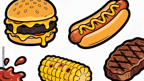 A vibrant illustration of a cheeseburger, french fries, and ketchup. Perfect for food blogs, restaurant marketing, or illustrating casual dining conce