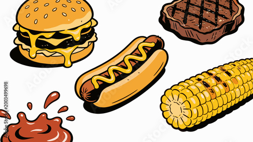 A vibrant illustration of a cheeseburger with dripping cheese and a ketchup splash, conveying a sense of indulgence and fun. Ideal for food blogs, res
