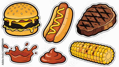 A vibrant, cartoon illustration of a cheeseburger with melted cheese and a ketchup splash. Perfect for restaurant menus, food blogs, or advertising fa