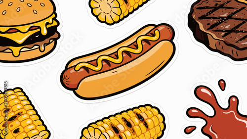 A vibrant and playful collection of BBQ food stickers, perfect for adding a fun touch to social media, menus, or summer-themed content. It evokes a jo