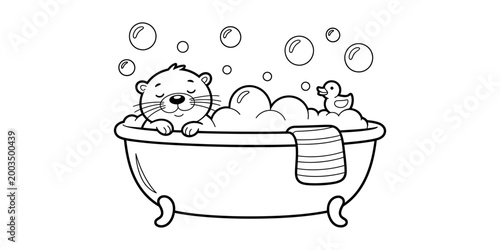 Cute cartoon otter taking a bubble bath in a tub