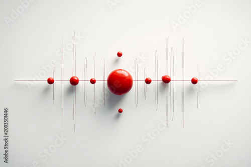 Abstract design featuring red spheres and lines arranged in a wave pattern on a white background, creating a modern artistic representation of sound waves