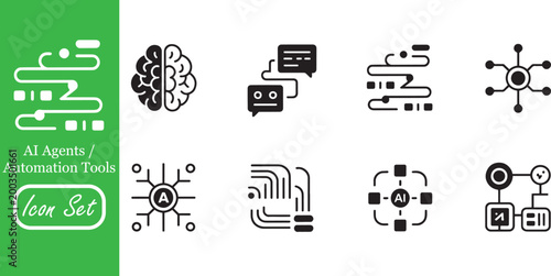 AI Agents and Smart Automation Icons - Machine Learning Brain, Chatbot Assistant, Neural Network Nodes, and Digital Workflow Symbols for AI Technology and Business Automation