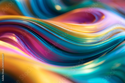 Colorful abstract waves of glossy liquid in vibrant hues of blue, orange, pink, and green creating a dynamic and fluid visual texture