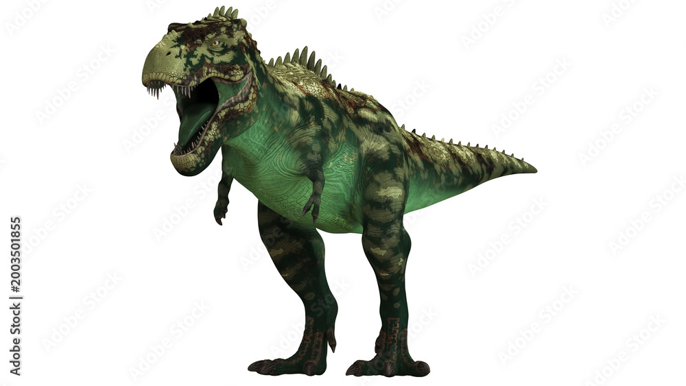 Fototapeta premium Ferocious dinosaur roaring in a dynamic pose.