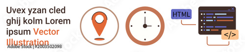 Navigation, punctuality, coding, technology, website design, digital tools. A location pin, clock and code snippets for HTML and JavaScript. Navigation and coding concepts
