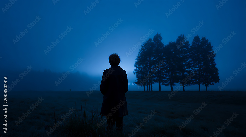 Fototapeta premium Solitary figure stands in vast, misty night landscape, looking towards distant trees under a glow of mysterious blue light