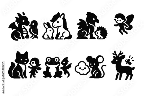 Whimsical Creature Icons. Whimsical creature buddies. Filled icon set of whimsical creature buddies: dragon