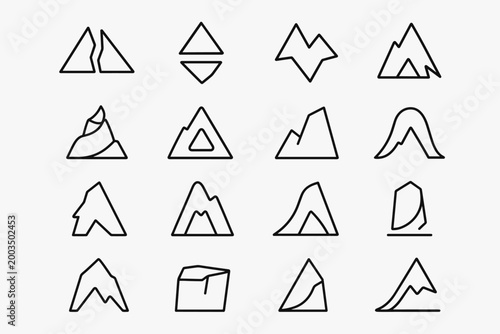 Impossible Mountain Icons. Impossible mountain realms. Line outline icon set of Impossible mountain realms: