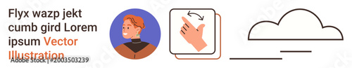 Digital communication, user gesture, cloud synchronization, personal profile, navigation, technology services. Features avatar, swipe gesture cloud icon. Digital communication and user gesture