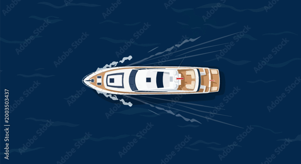 Fototapeta premium Top-down aerial view vector illustration of a white luxury motor yacht cruising on dark blue ocean water with white foam wake trails, teak wood deck, and modern ship design.