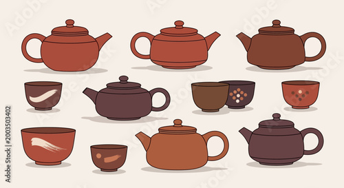 Teapots and tea cups on table.
