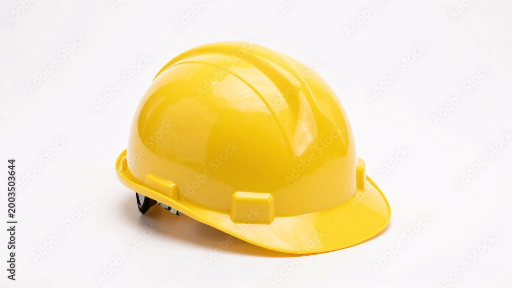 Fototapeta premium A bright yellow construction hard hat with glossy surface, reinforced ridges, brim, and adjustable strap rests on a plain white background.