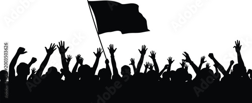 Silhouetted crowd raising hands with a waving black flag against a bright sky
