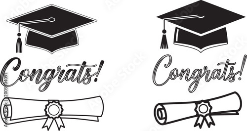 Black and white illustration of a graduation cap and diploma with congratulatory message on isolated white background
