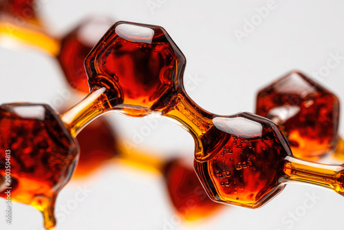 Close-up view of amber-colored molecular structure showcasing hexagonal shapes and connecting bonds, highlighting the intricate details of chemical composition and molecular design