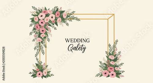 Horizontal Wedding Invitation Template Featuring a Gold Geometric Frame Decorated with Pink Roses and Green Foliage Bouquets on a Solid Cream Background for Event Stationery.
