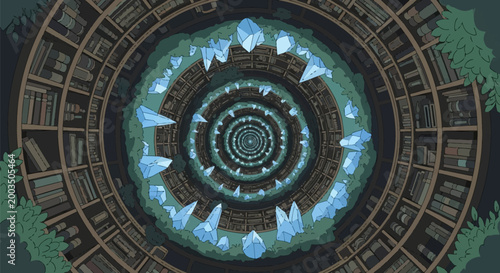 Vector illustration of a spiraling library tunnel featuring concentric wooden bookshelves, protruding light blue crystals, and green plants framing a central deep perspective.