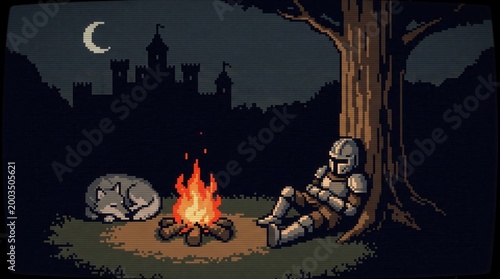 Retro pixel art scene of armored knight resting against tree by glowing campfire with sleeping wolf, dark fantasy castle background, moonlit night mood.