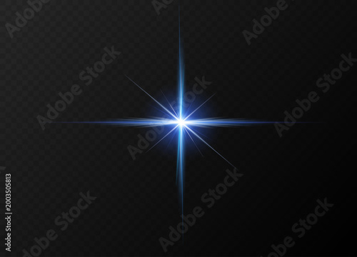 
Bright Blue Multi-Ray Star Burst with Sharp Rays of Various Lengths, Strong Vertical Beam and Horizontal Light Streamer on Dark Transparent Background. Vector Design Element.