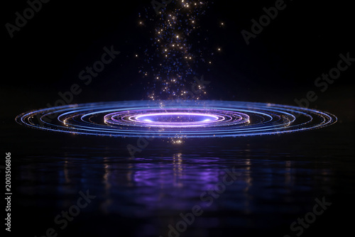 Futuristic glowing circular portal with particles abstract quantum computing and digital technology concept