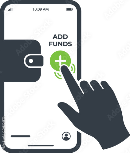 A hand pressing add funds button on a mobile phone screen with a green plus sign
