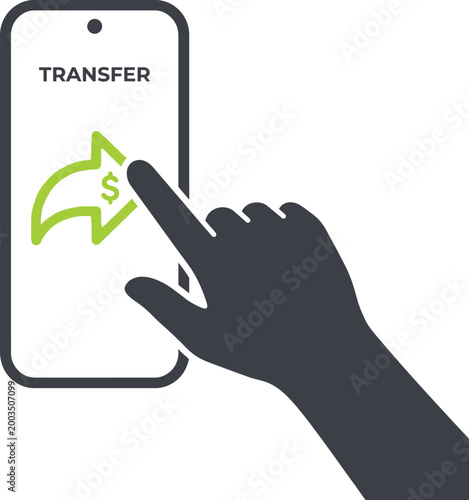 A hand pressing a transfer button on a smartphone screen with a green arrow and dollar sign
