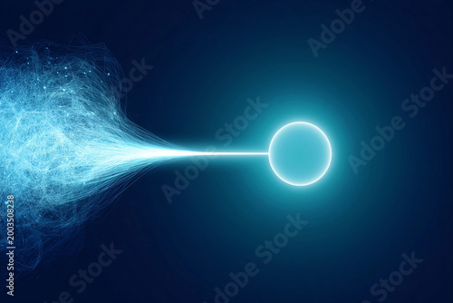 Abstract neural data flow connecting to glowing sphere artificial intelligence network concept dark background