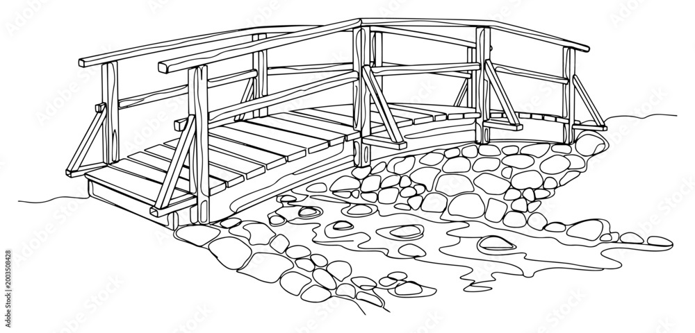 Obraz premium Wooden bridge over rocky stream continuous line art, riverside landscape one line illustration