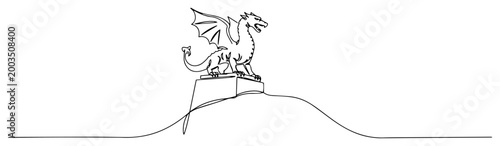 Dragon statue monument on hill continuous line art, mythical creature sculpture one line drawing, fantasy monument