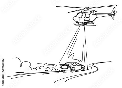 Police helicopter chasing car on highway line art, aerial surveillance security pursuit illustration