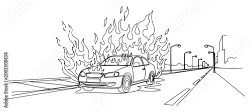 Schilderij op canvas Car on fire on highway road line art, vehicle accident and emergency disaster il