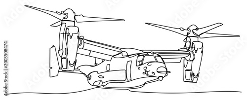 V-22 Osprey military tiltrotor aircraft continuous line art, vertical takeoff plane one line illustration