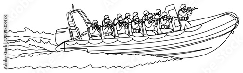 Military special forces on speed boat continuous line art, navy seals tactical mission one line illustration
