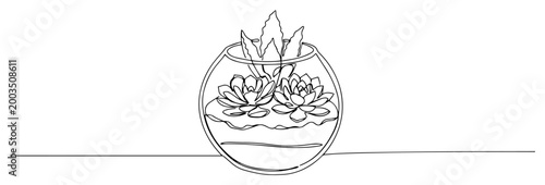 Succulents in glass bowl continuous line art, minimalist plant terrarium one line illustration