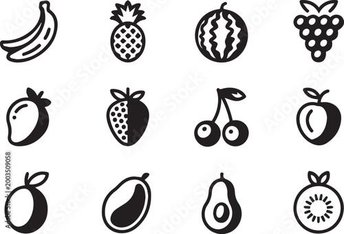 flat lay set of twelve hand drawn black and white fruit and vegetable icons on white background