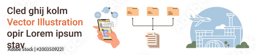 Data sharing, file organization, remote access, travel logistics, global connectivity, digital workflow. Smartphone transferring files, folders and airport terminal graphic. Data sharing and file