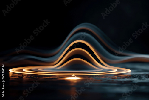 Glowing energy wave rings on dark surface abstract signal processing fintech technology concept