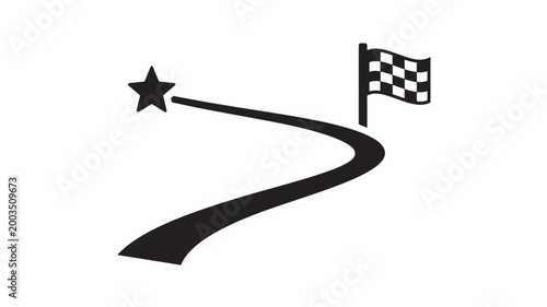 Black Road Leading To Checkered Flag And Star On White Background For Racing And Success Concepts